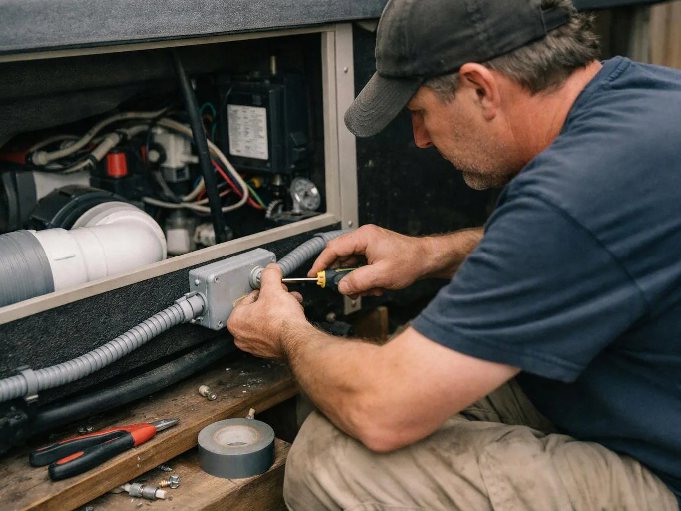 A man kneels beside open machinery, using a screwdriver to tighten a gray electrical box inside a cabinet