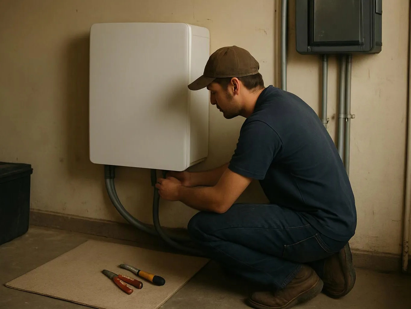 A man kneels beside a wall-mounted white electrical box, working with cables and tools on the floor
