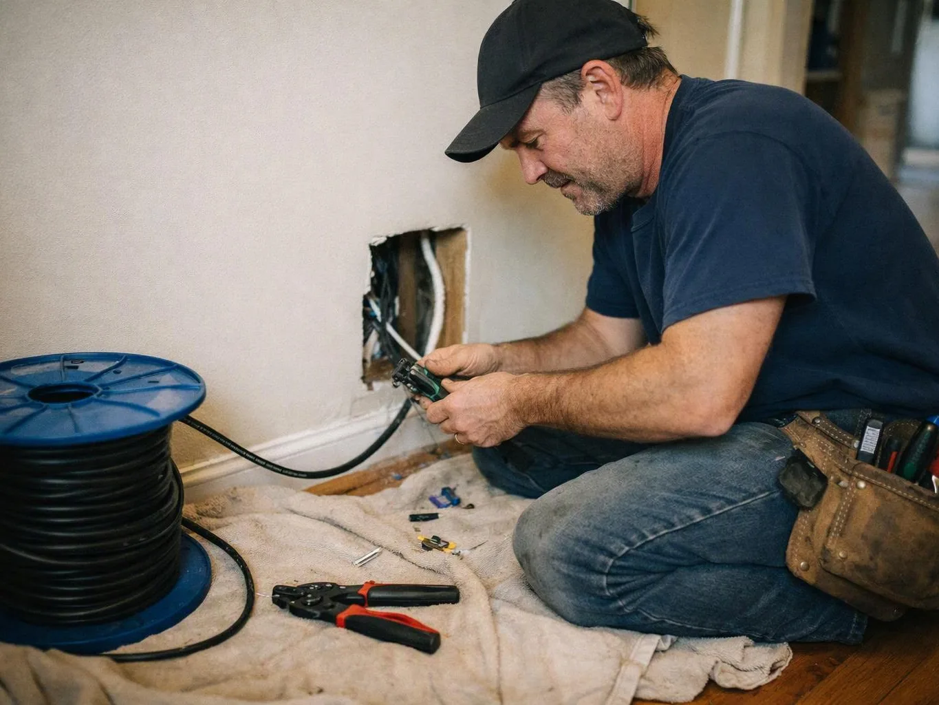 A man kneels on a floor, wiring a wall opening beside a spool of cable and tools
