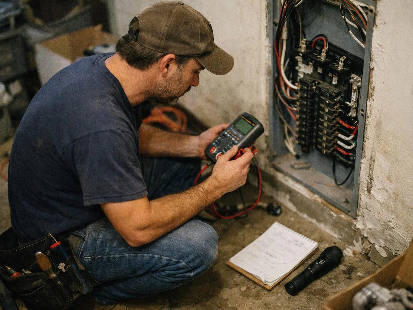 A man kneels by an open electrical panel, testing wires with a digital meter in a basement-like room