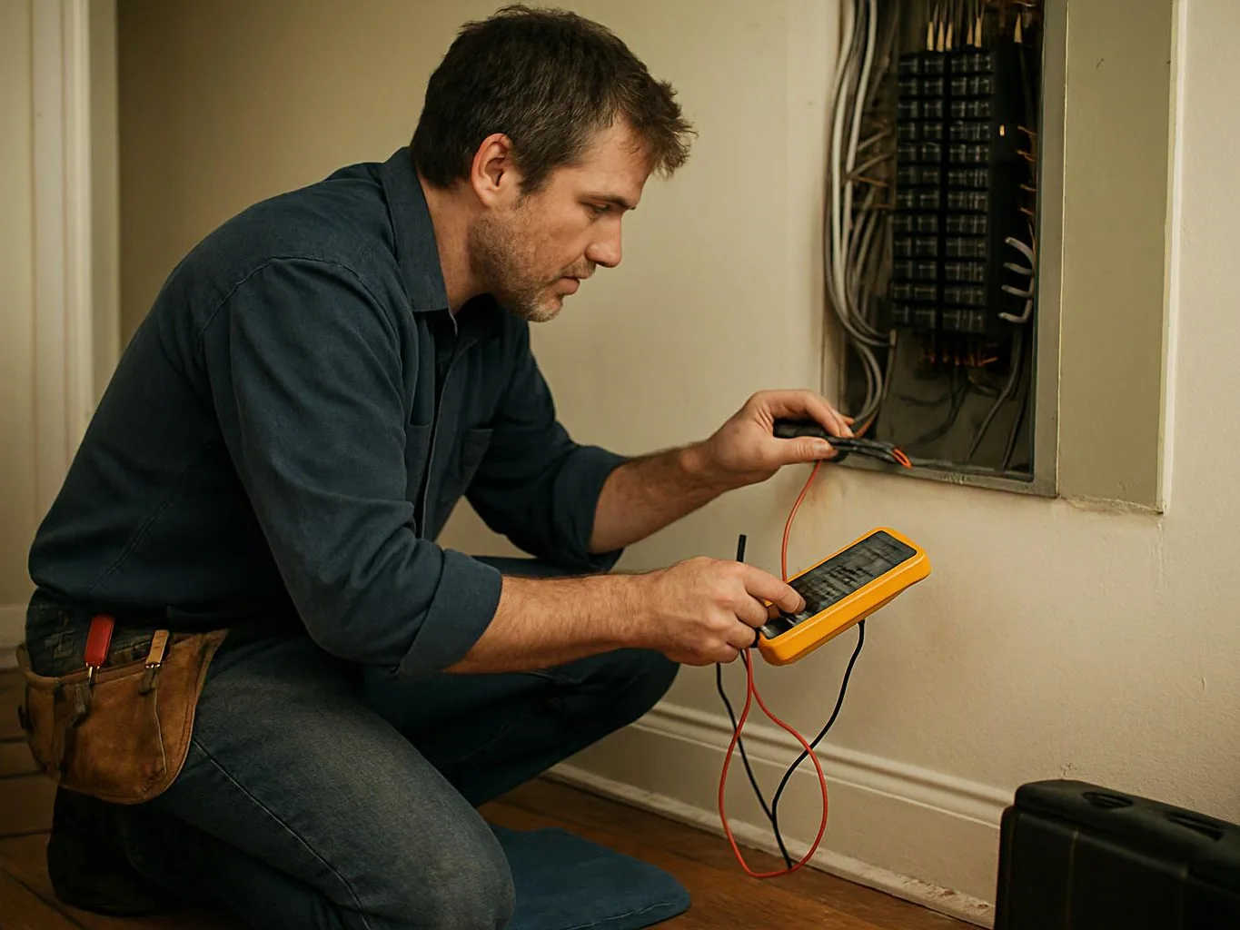 A man kneels by an open wall panel, checking electrical wires with a yellow tester indoors