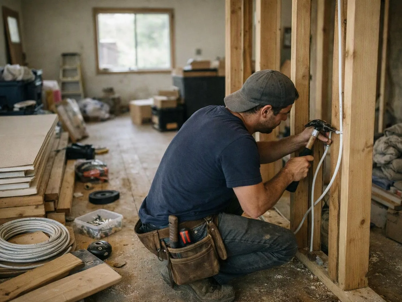 A man kneels in a partially framed room, hammering a cable into a wooden wall stud