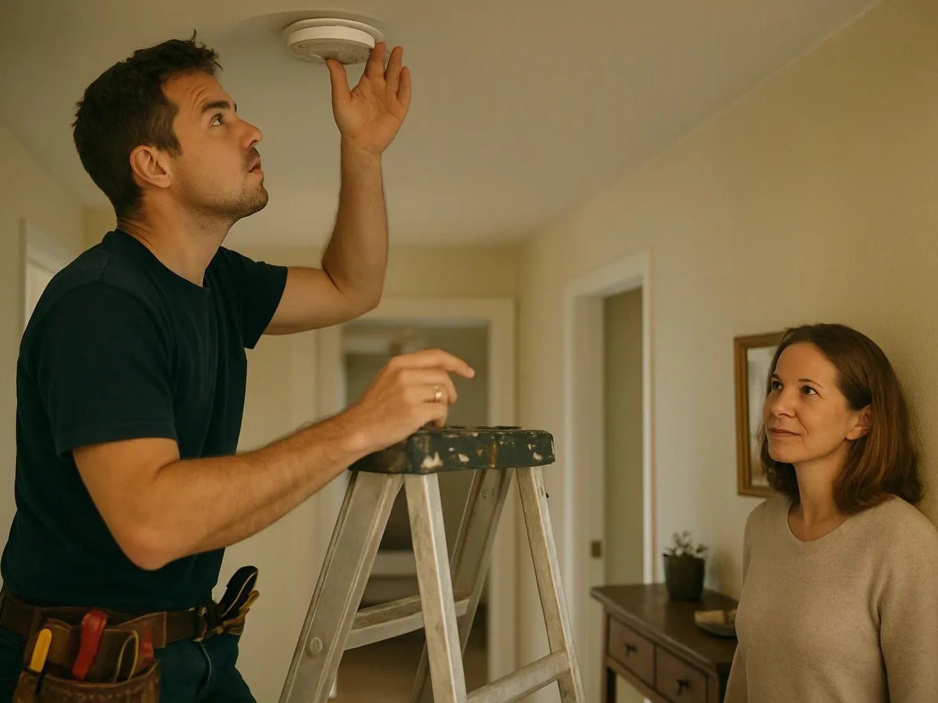 A man on a ladder checks a ceiling smoke alarm while a woman watches in a hallway