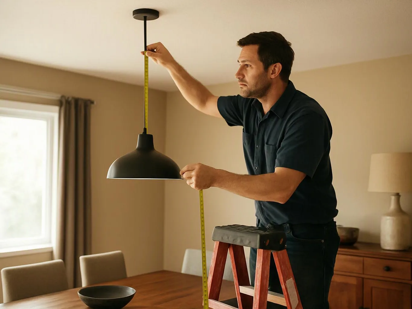 A man measures a hanging black pendant lamp with a tape measure in a dining room