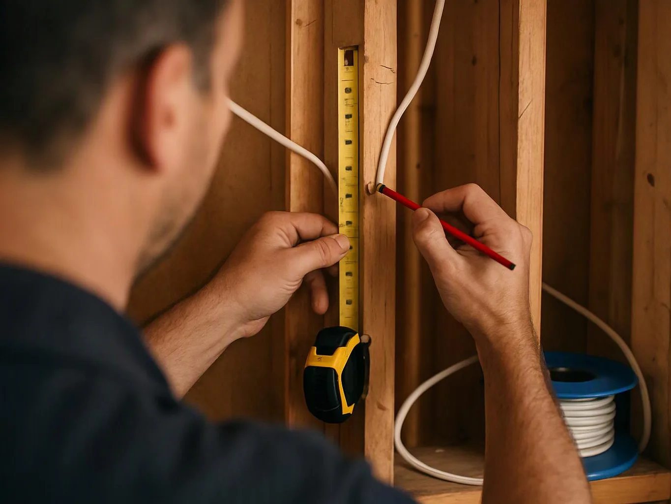 A man measures and marks a wooden wall frame with a tape measure and red pencil, with white wires and a cable spool nearby