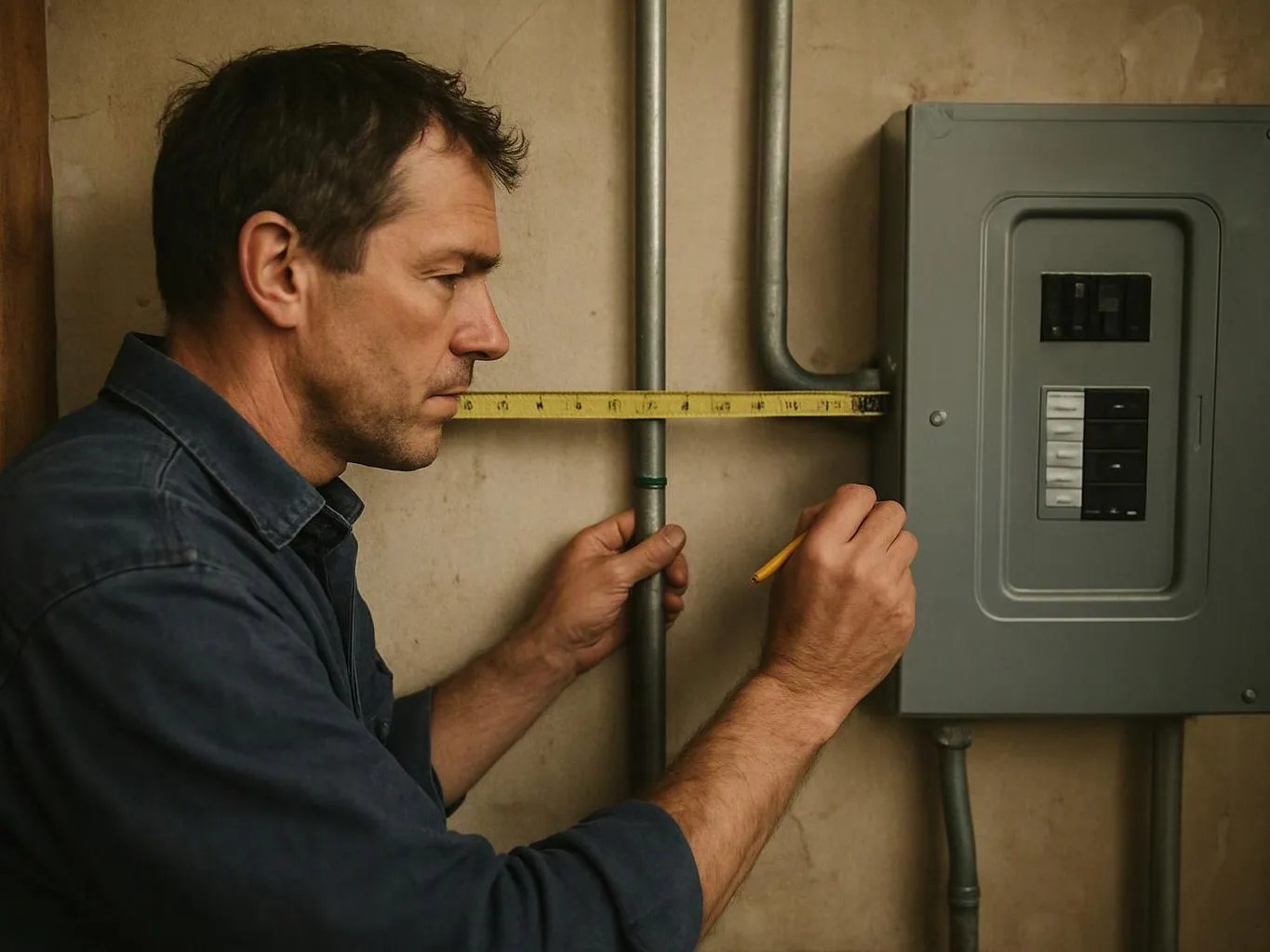 A man measures pipes beside an electrical panel while marking the wall with a pencil