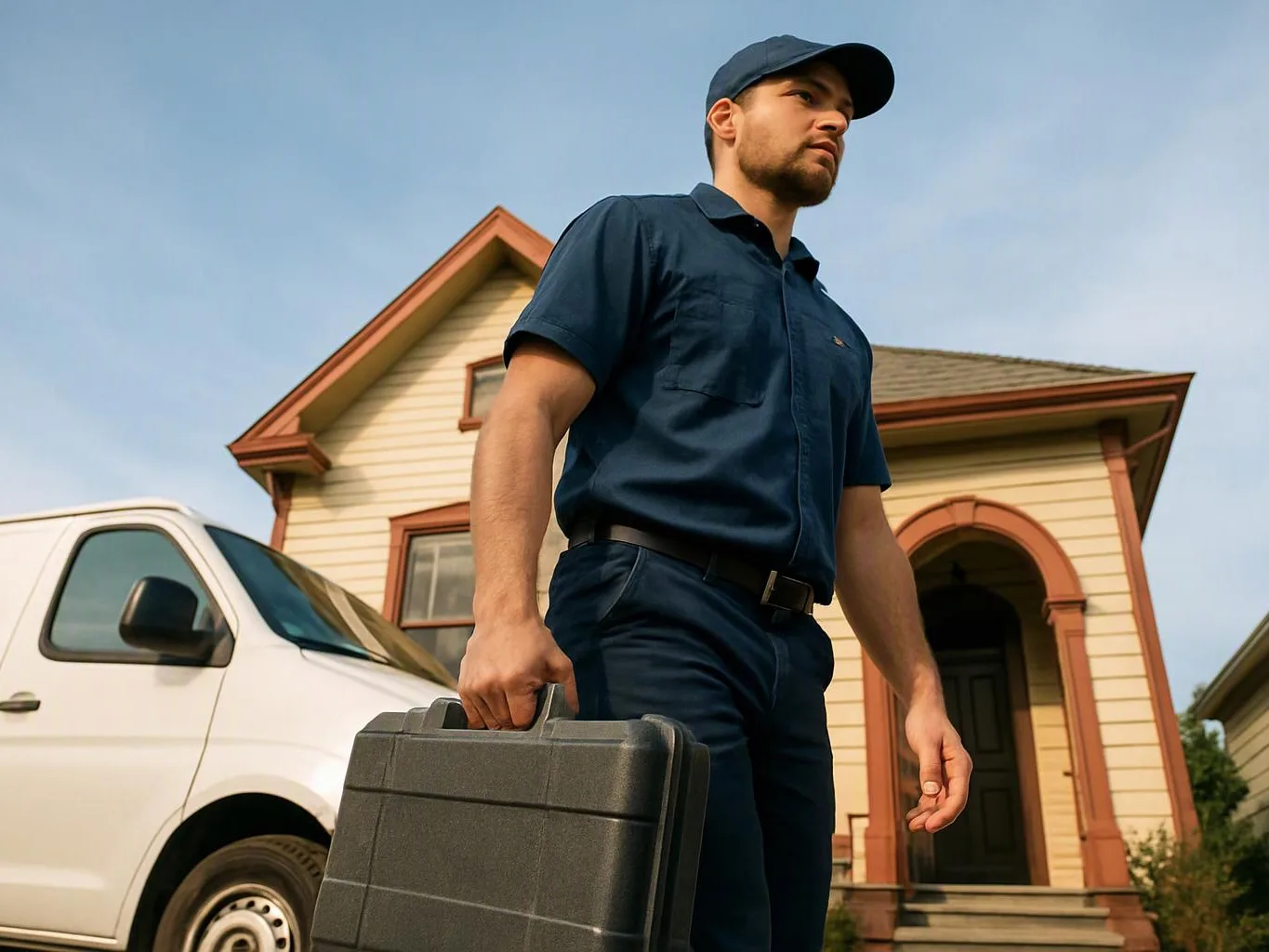 A man in a navy uniform carries a black case beside a white van in front of a house