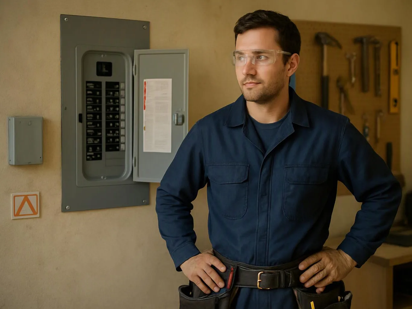 A man in safety glasses stands by an open electrical panel in a workshop, hands on hips