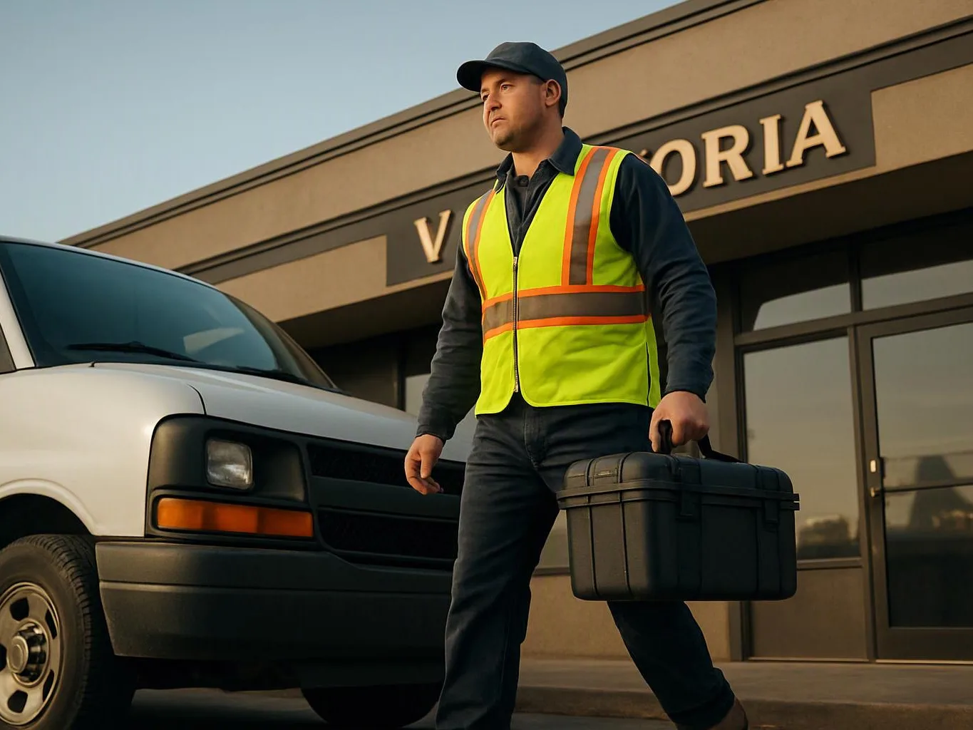A man in a safety vest carries a black toolbox beside a white van outside a storefront