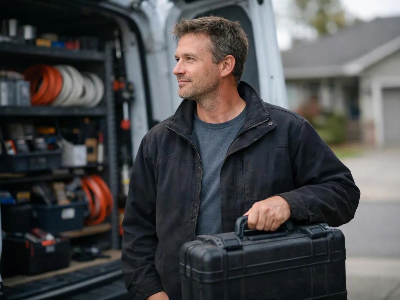 A man stands beside an open work van, holding a black hard case on a quiet street