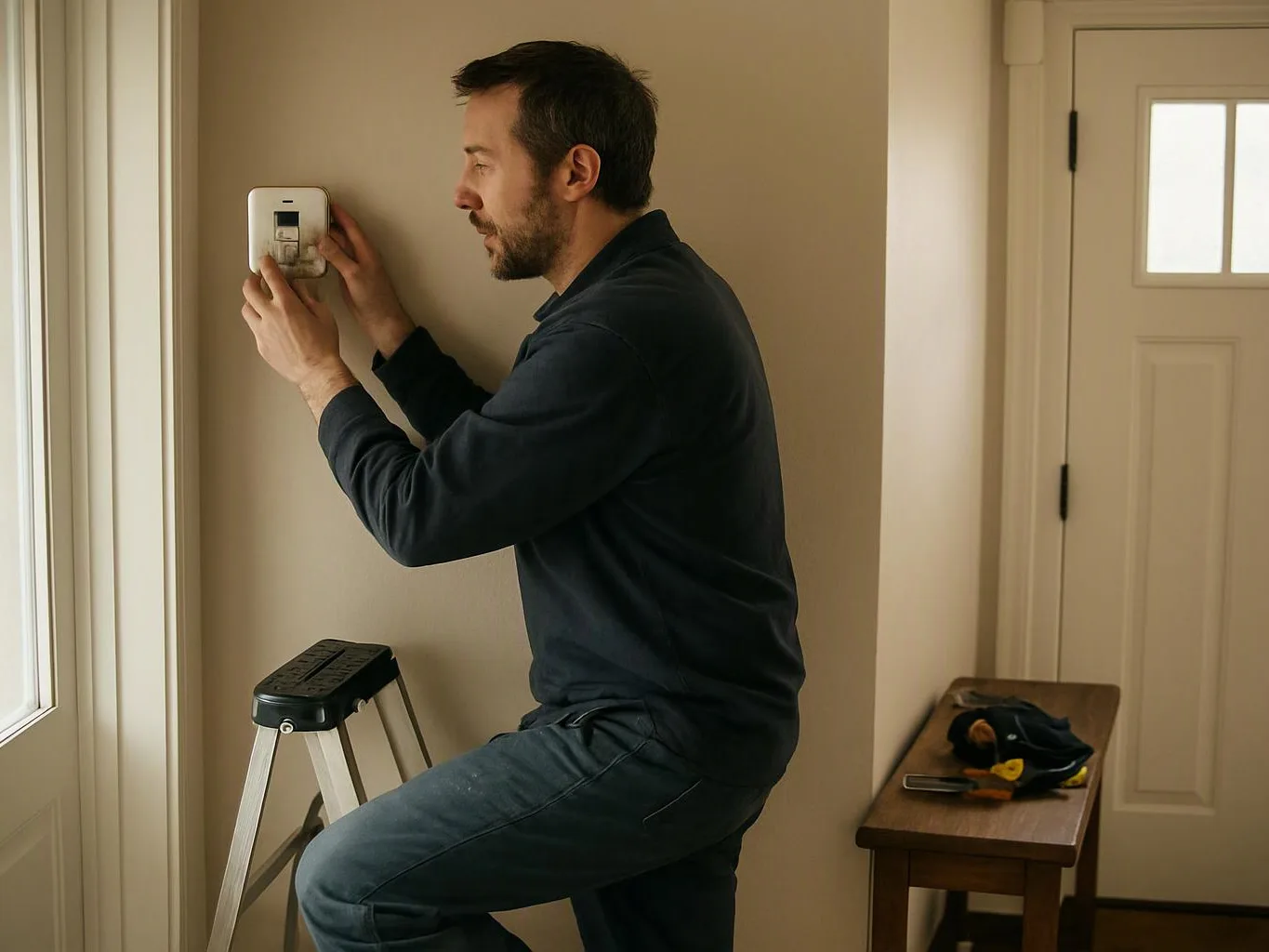 A man stands on a step ladder, adjusting a wall thermostat in a hallway by a front door