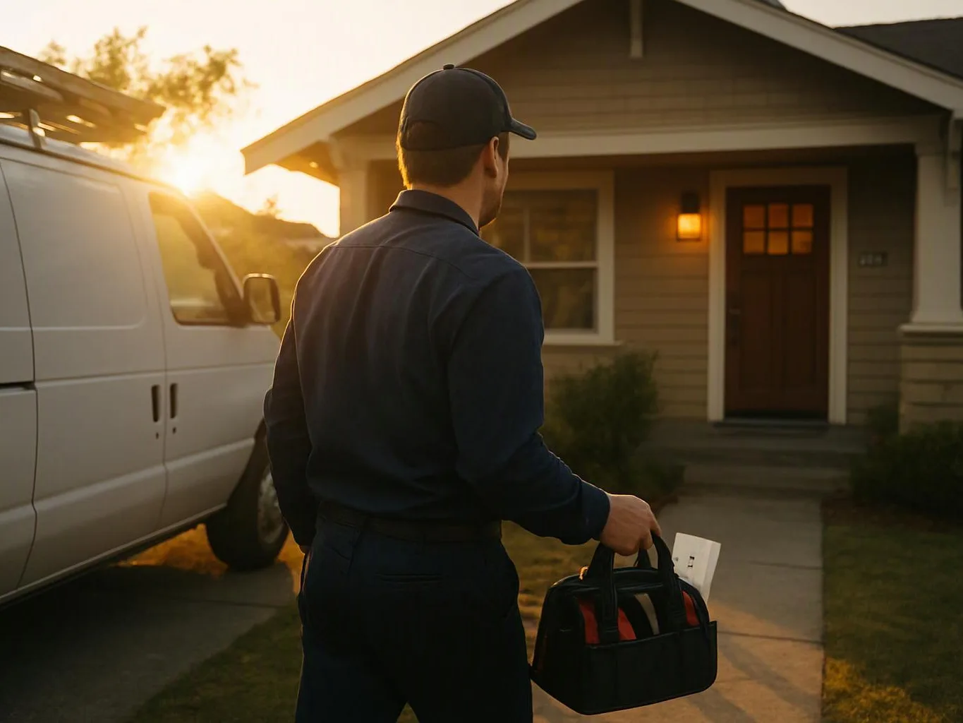 A man stands by a white van holding a tool bag outside a lit house at sunset