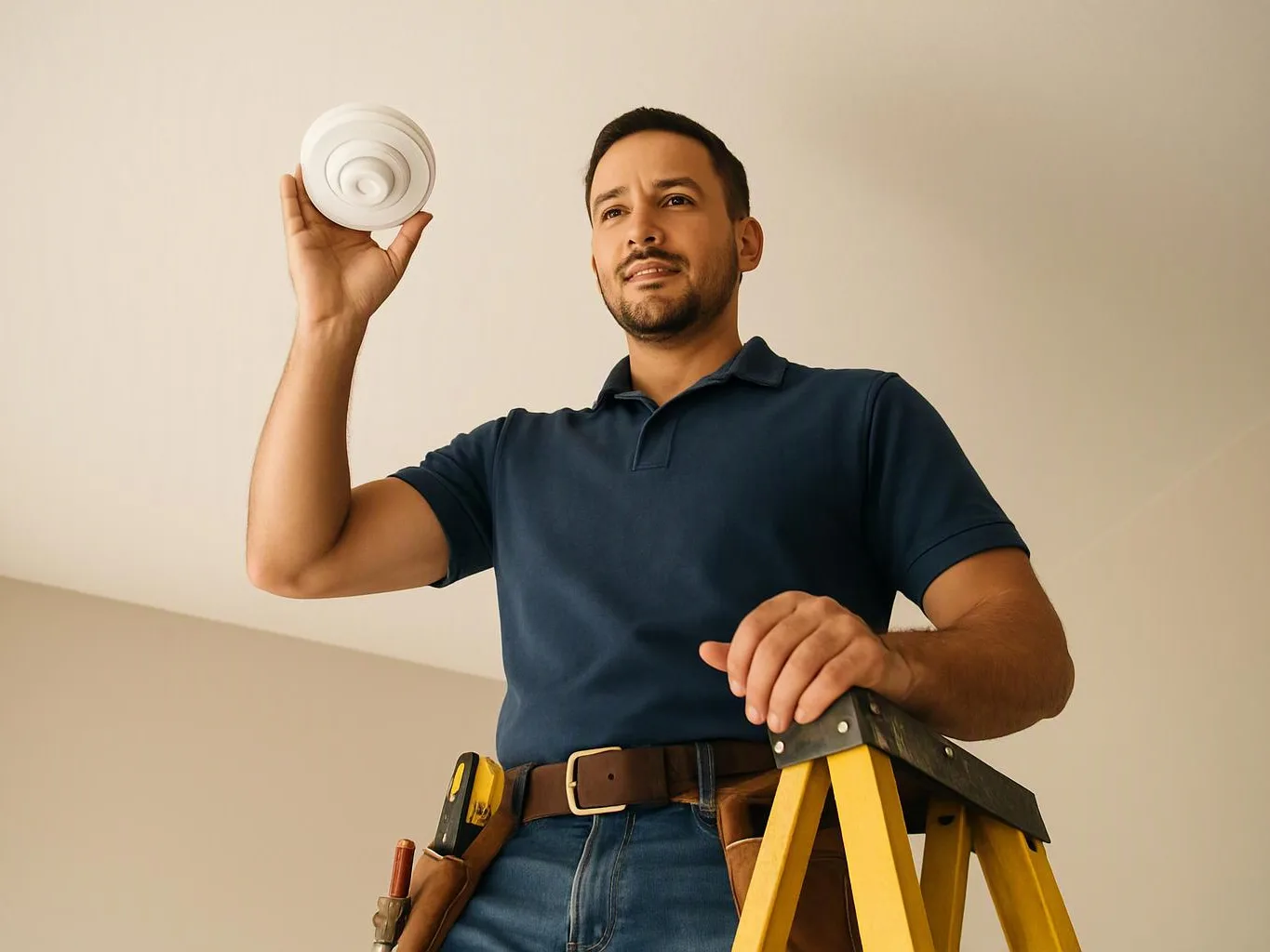 A man stands on a yellow ladder, holding a ceiling smoke detector against a plain indoor wall