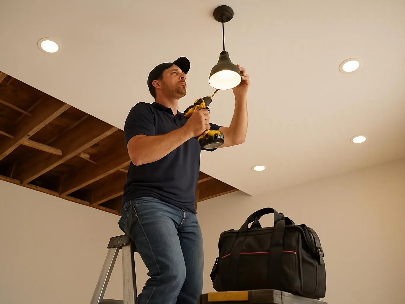 A man on a step ladder uses a drill to install a hanging ceiling light in a room with recessed lights and exposed rafters