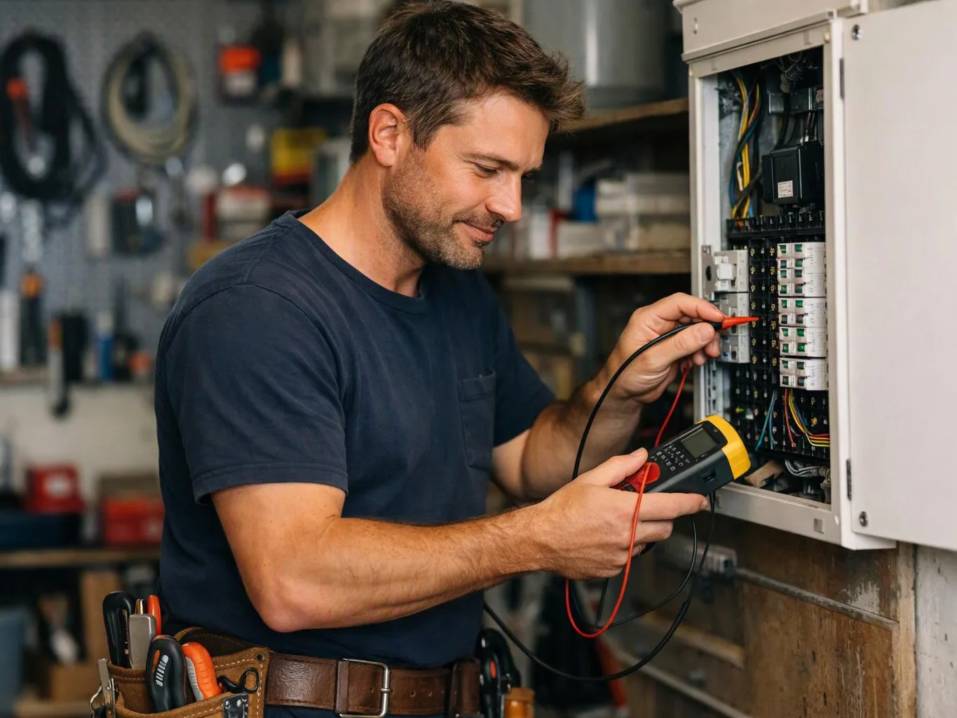 A man tests wiring inside an open electrical panel in a workshop