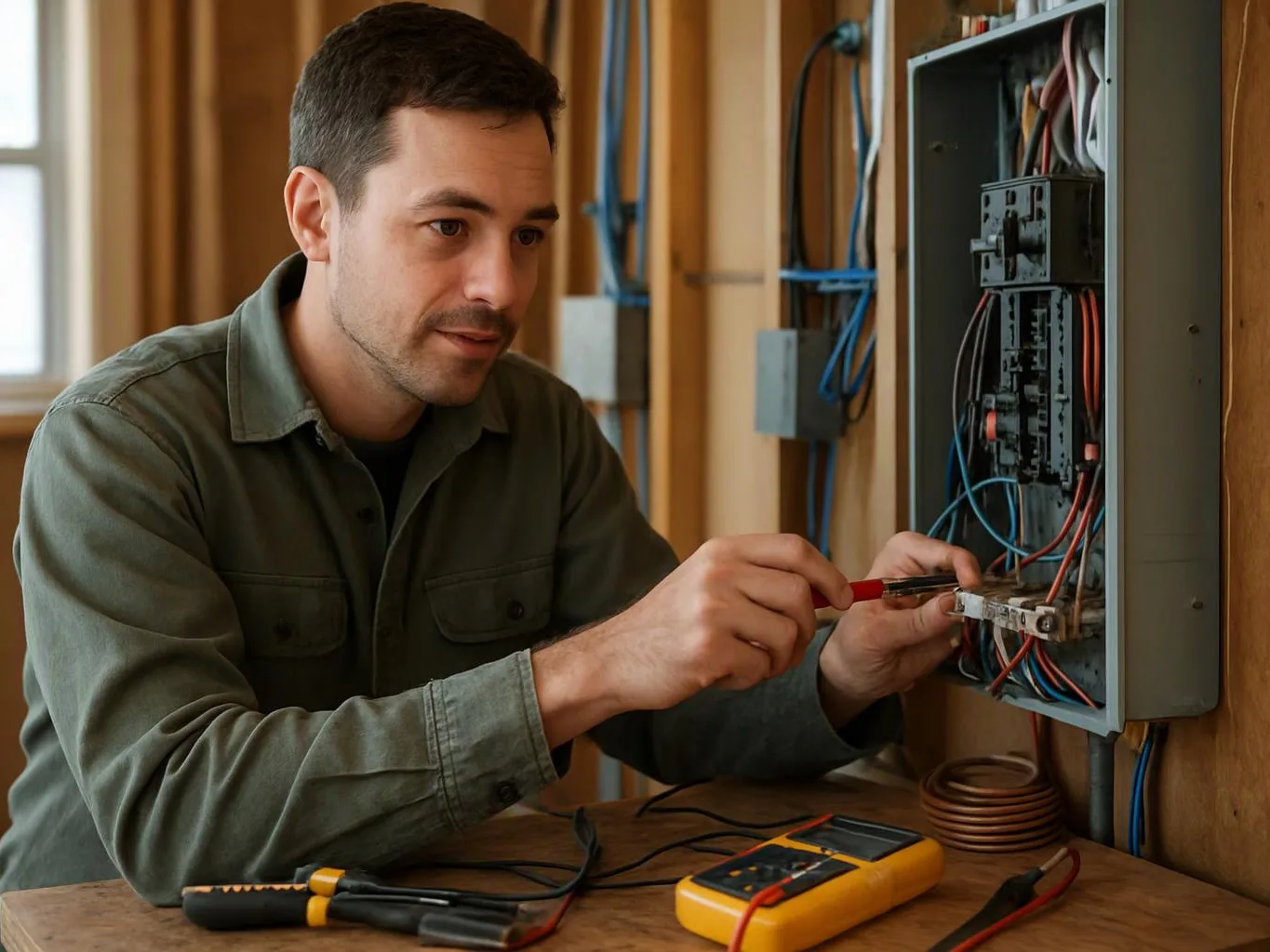 A man tests wiring inside an open electrical panel in a wooden framed room