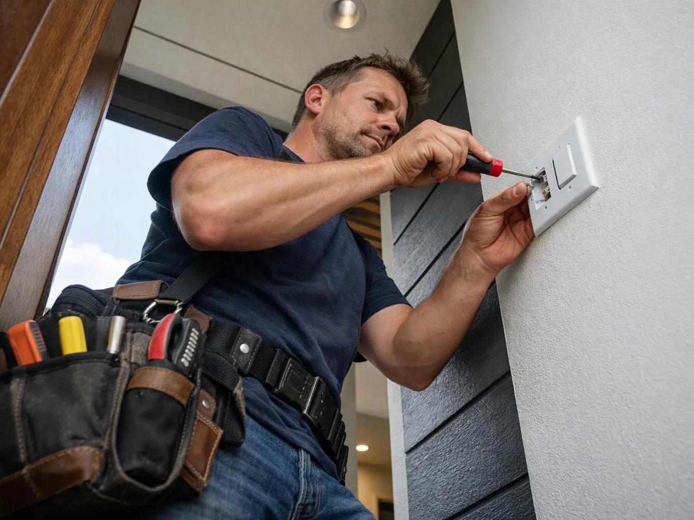 A man in a tool belt uses a screwdriver to work on a wall switch plate indoors