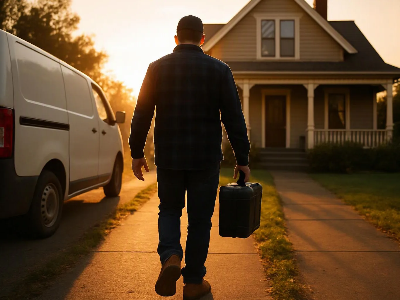 A man walks toward a house at sunset, carrying a black case beside a white van