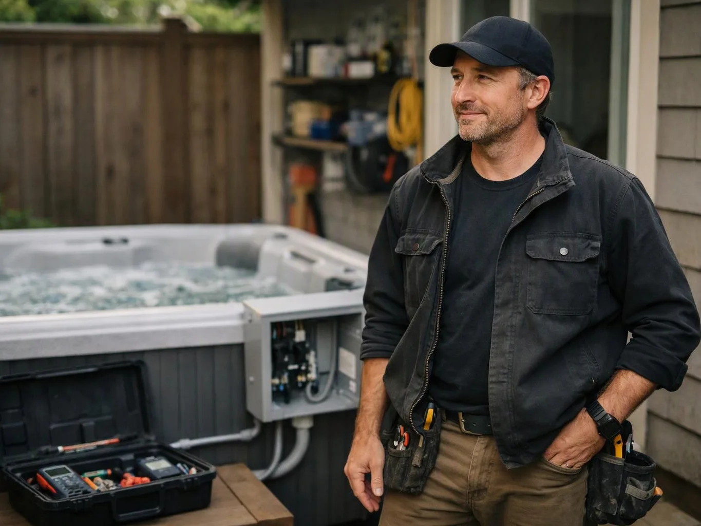 A man in work clothes stands beside a bubbling hot tub, with tools and an open control panel nearby