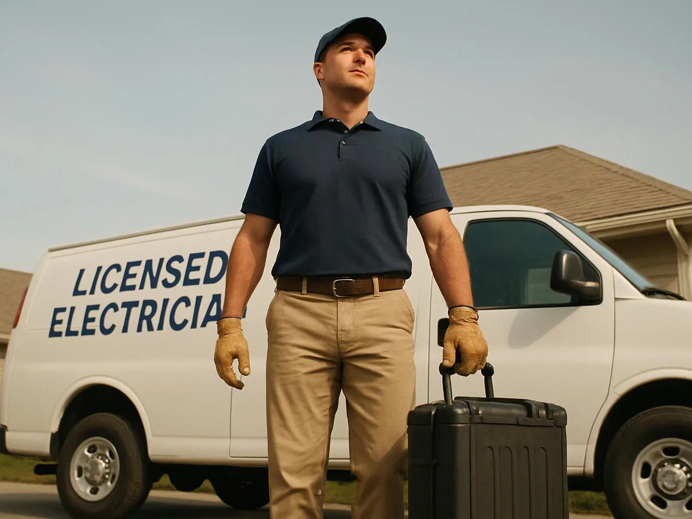 A man in work clothes stands beside a white service van, holding a black toolbox in a driveway