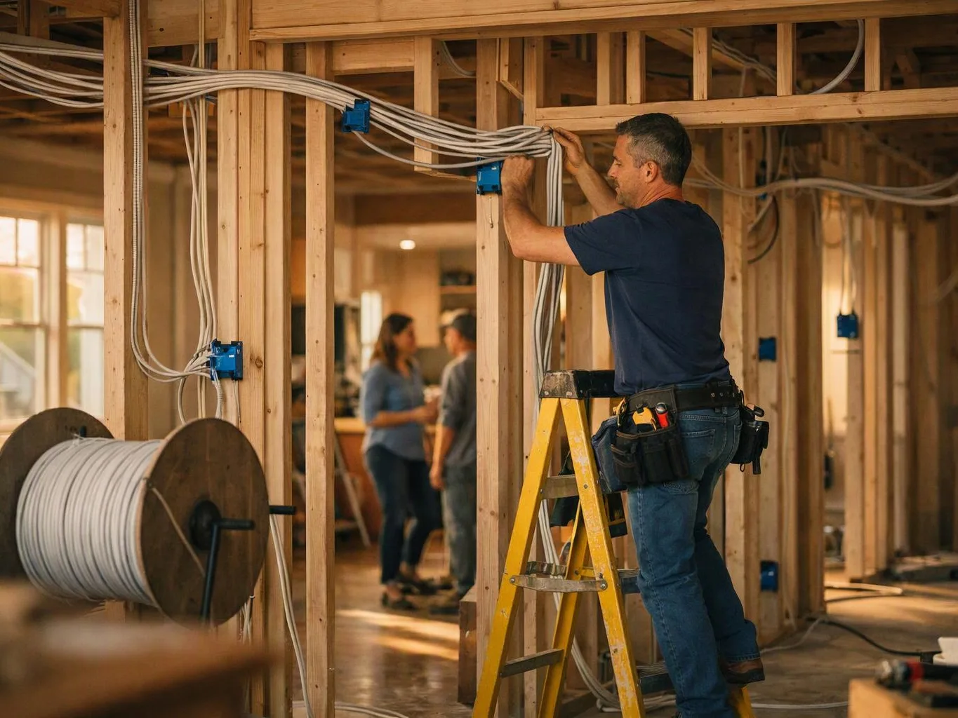 A man on a yellow ladder runs electrical cable through open wooden wall framing in a house under construction