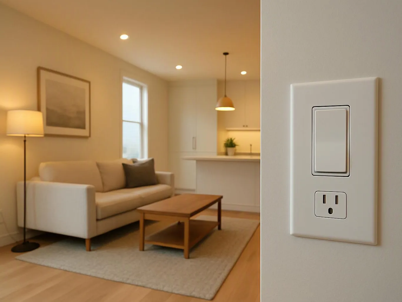 A modern living room with a sofa and lamp sits beside a wall switch and outlet close-up