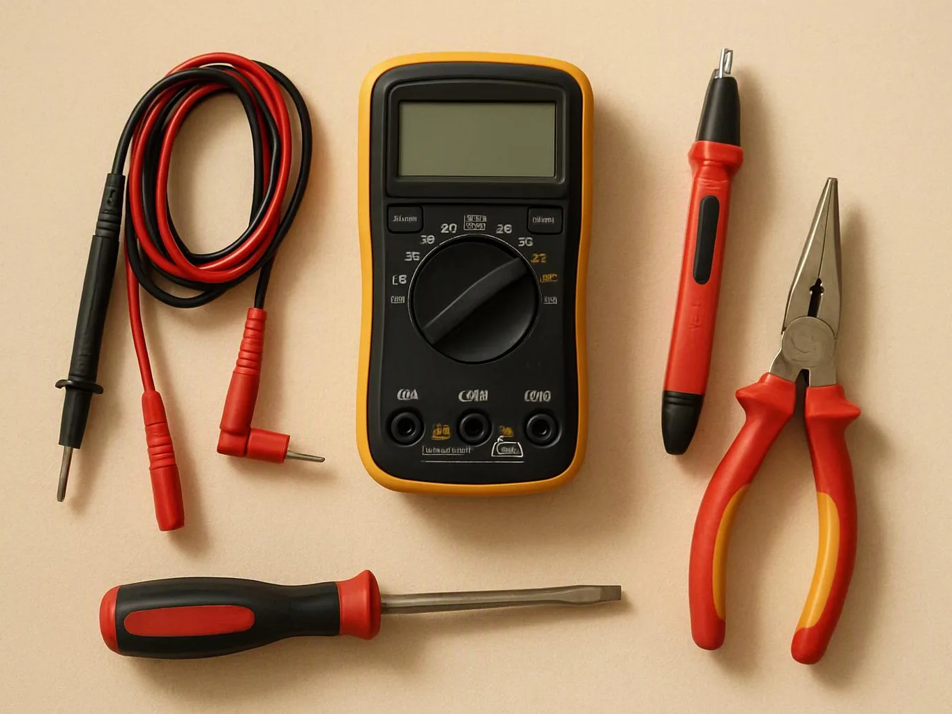 A multimeter, test leads, a voltage tester, pliers, and a screwdriver are arranged on a beige surface