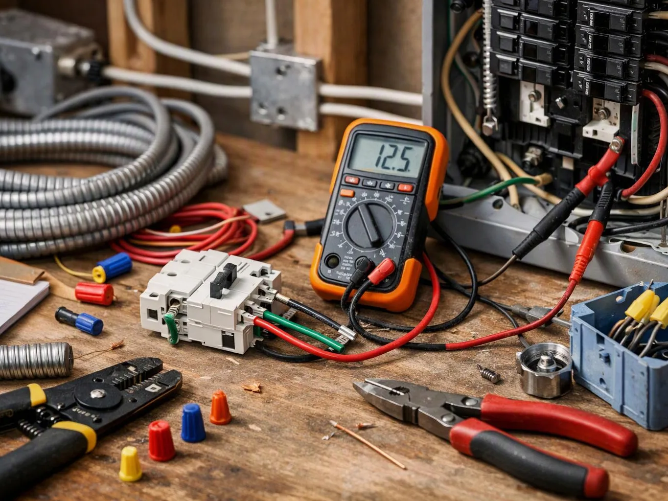 A multimeter, wires, breakers, and hand tools sit on a workbench in an electrical repair setup
