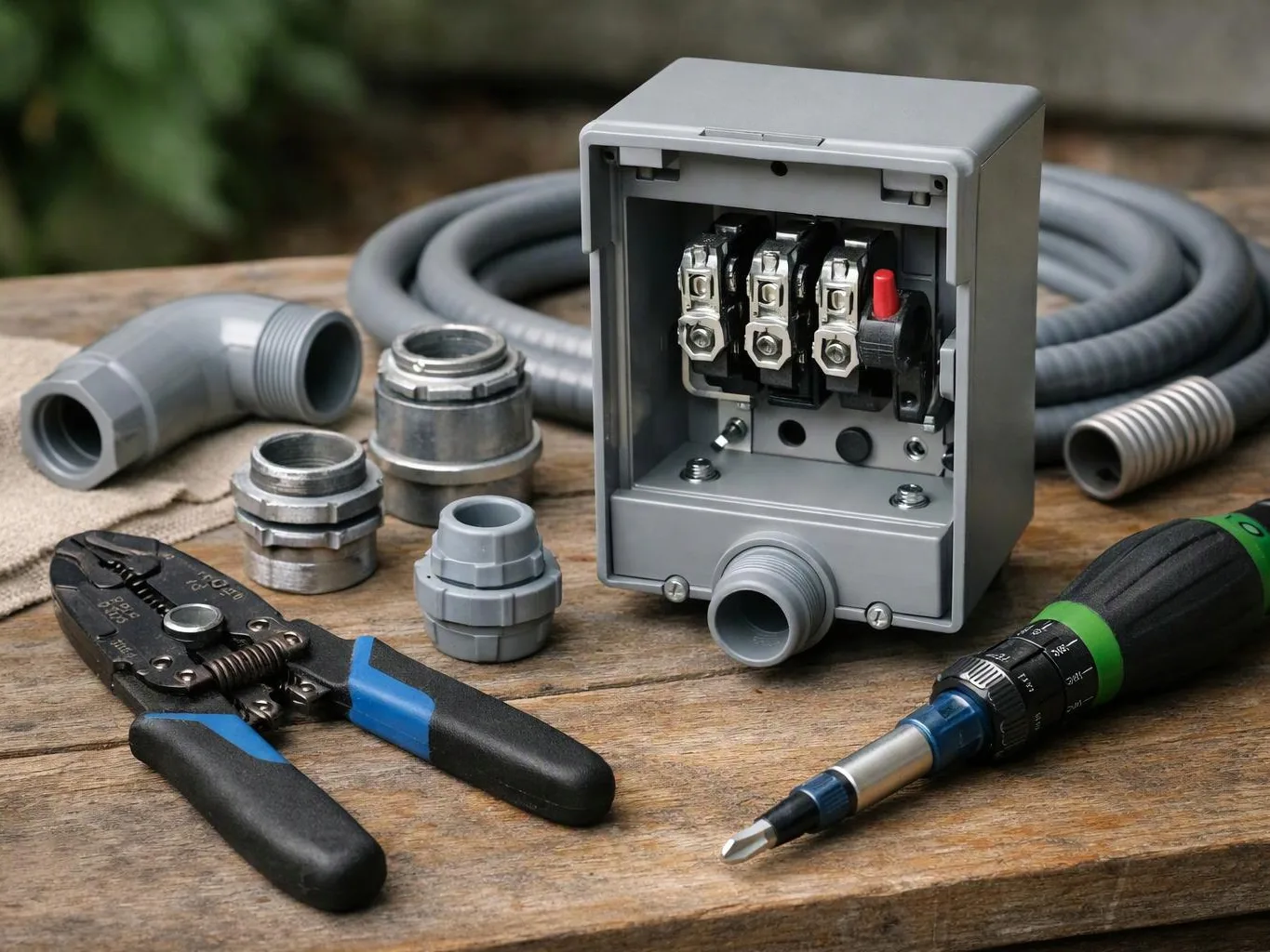 An open electrical junction box sits among gray conduit fittings, wire tools, and a screwdriver on a wooden workbench