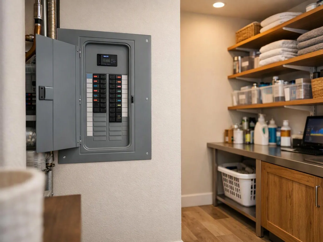 An open electrical panel sits beside a neat utility room with shelves, bottles, towels, and a laptop on the counter