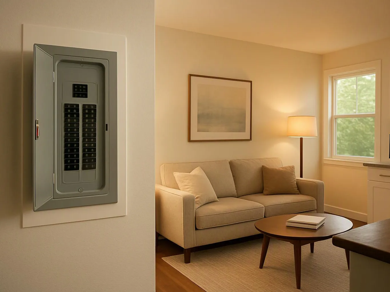 An open wall safe sits beside a beige living room with a sofa, lamp, coffee table, and window
