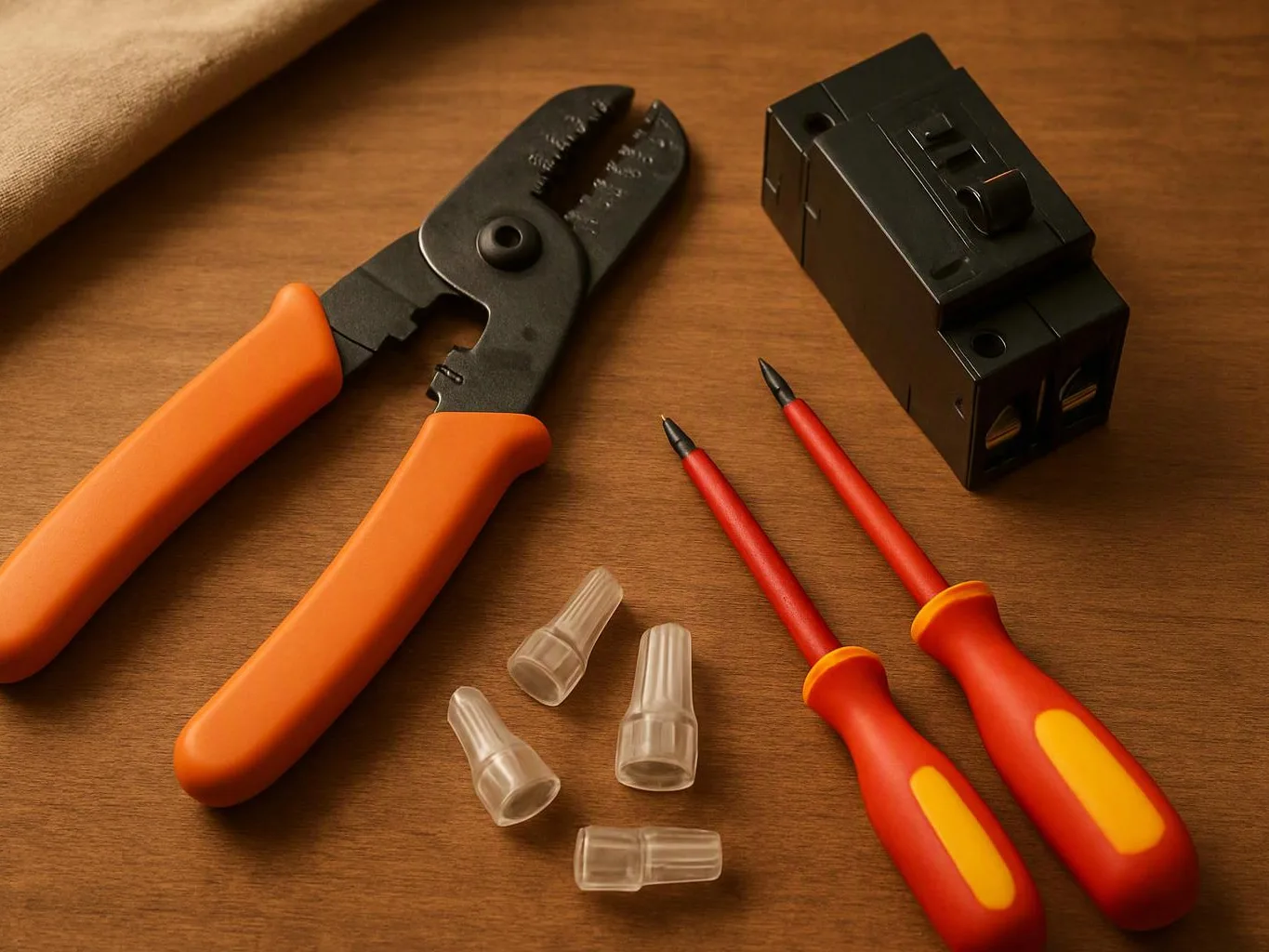 A pair of orange-handled pliers, two red screwdrivers, small plastic caps, and a black electrical part sit on a wooden table