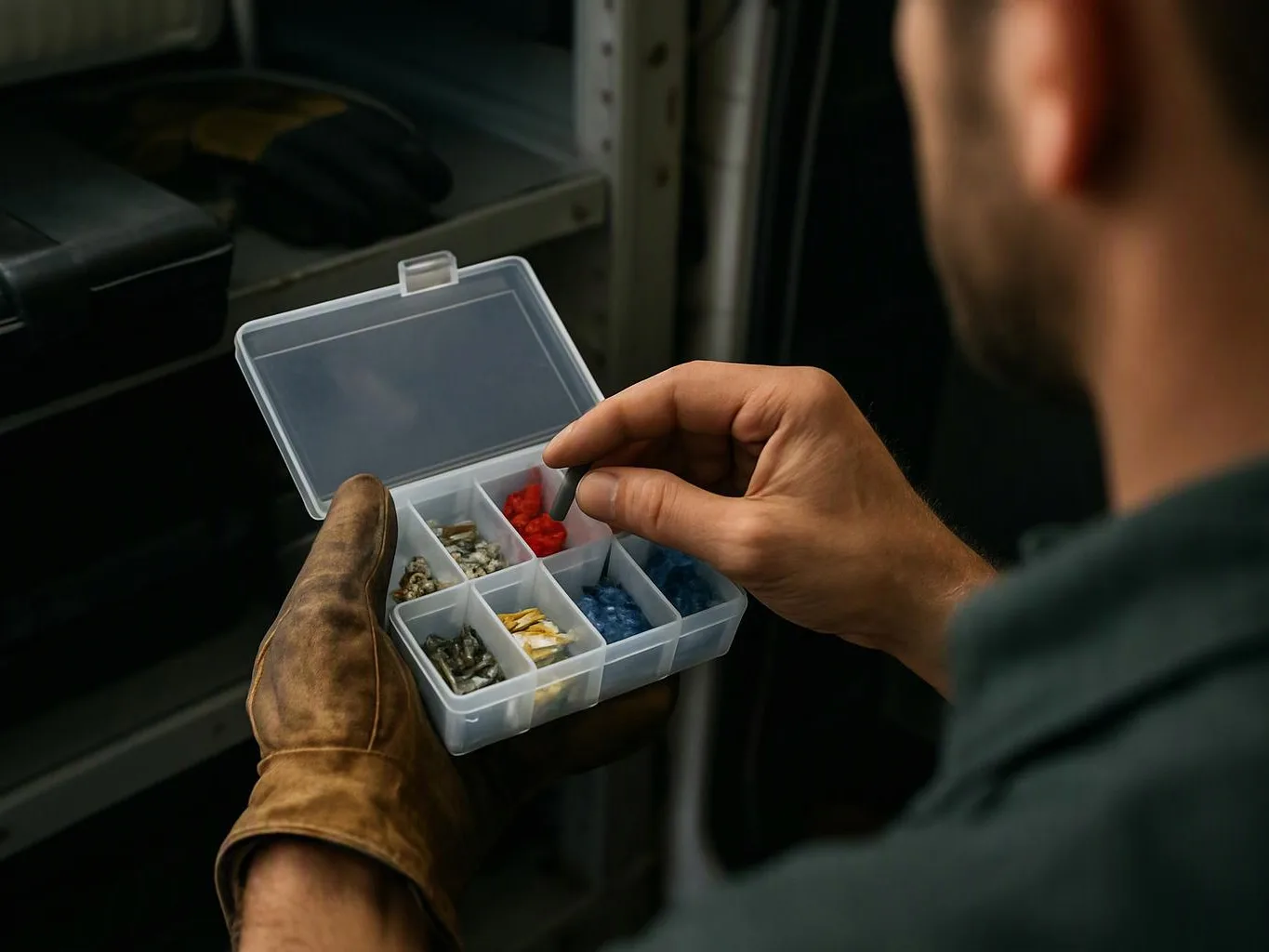 A person in a glove sorts small colored parts in a plastic organizer box indoors