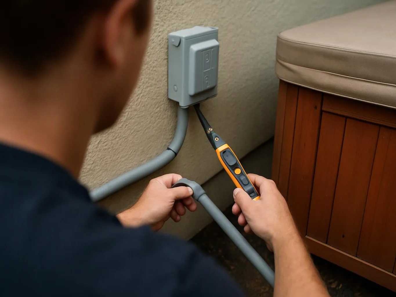 A person inspects gray conduit with a handheld tester beside an outdoor electrical box and wooden cabinet