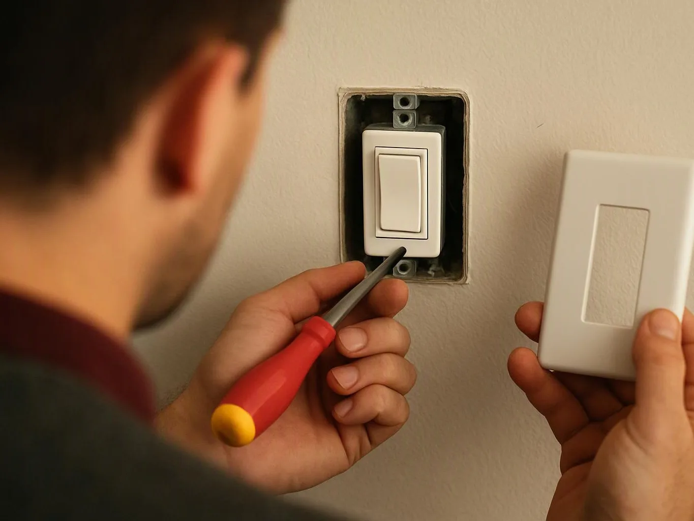 A person installs a wall light switch with a screwdriver, holding the cover plate beside it