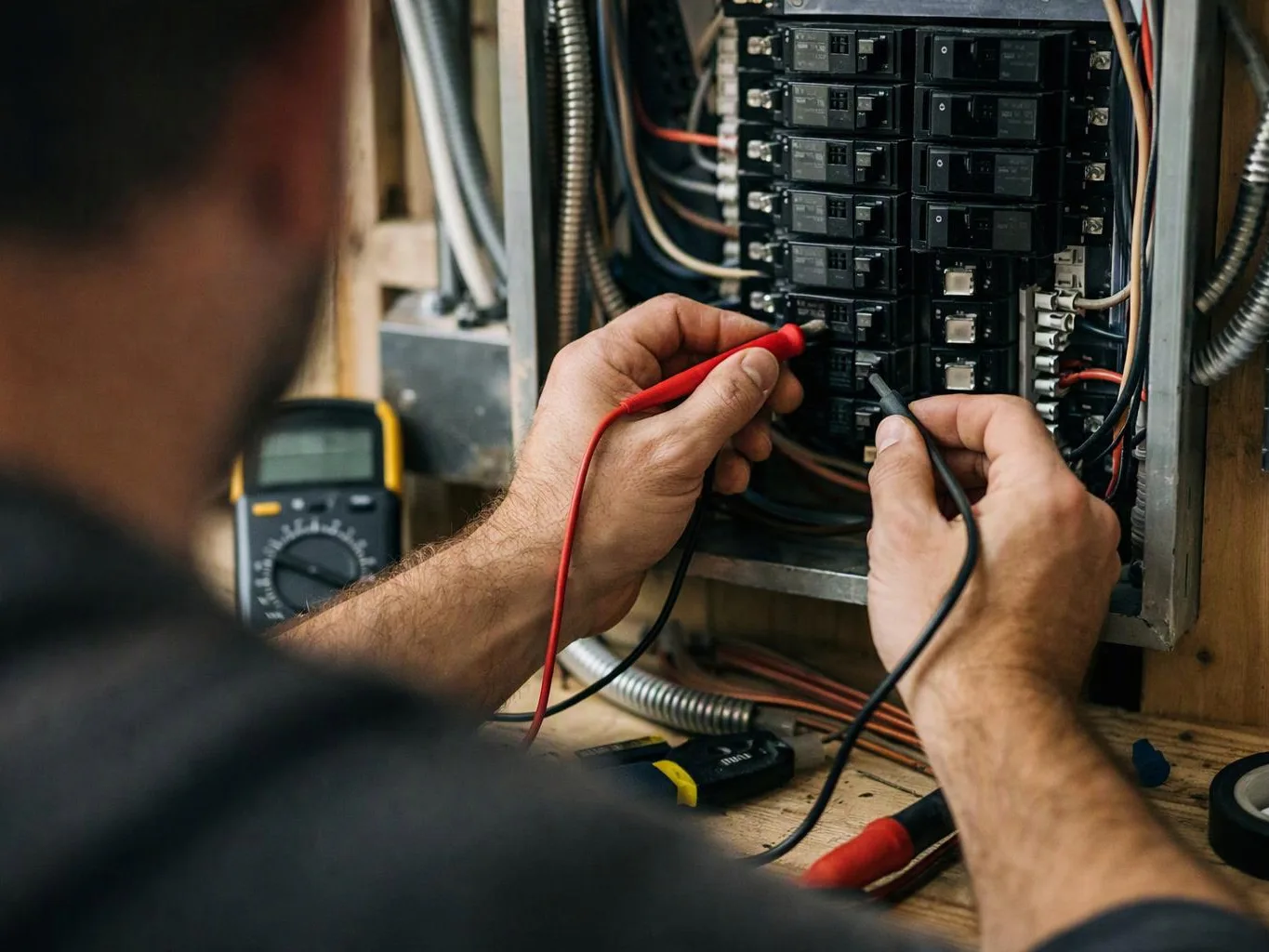 A person tests a circuit breaker panel with red and black meter probes in a workshop
