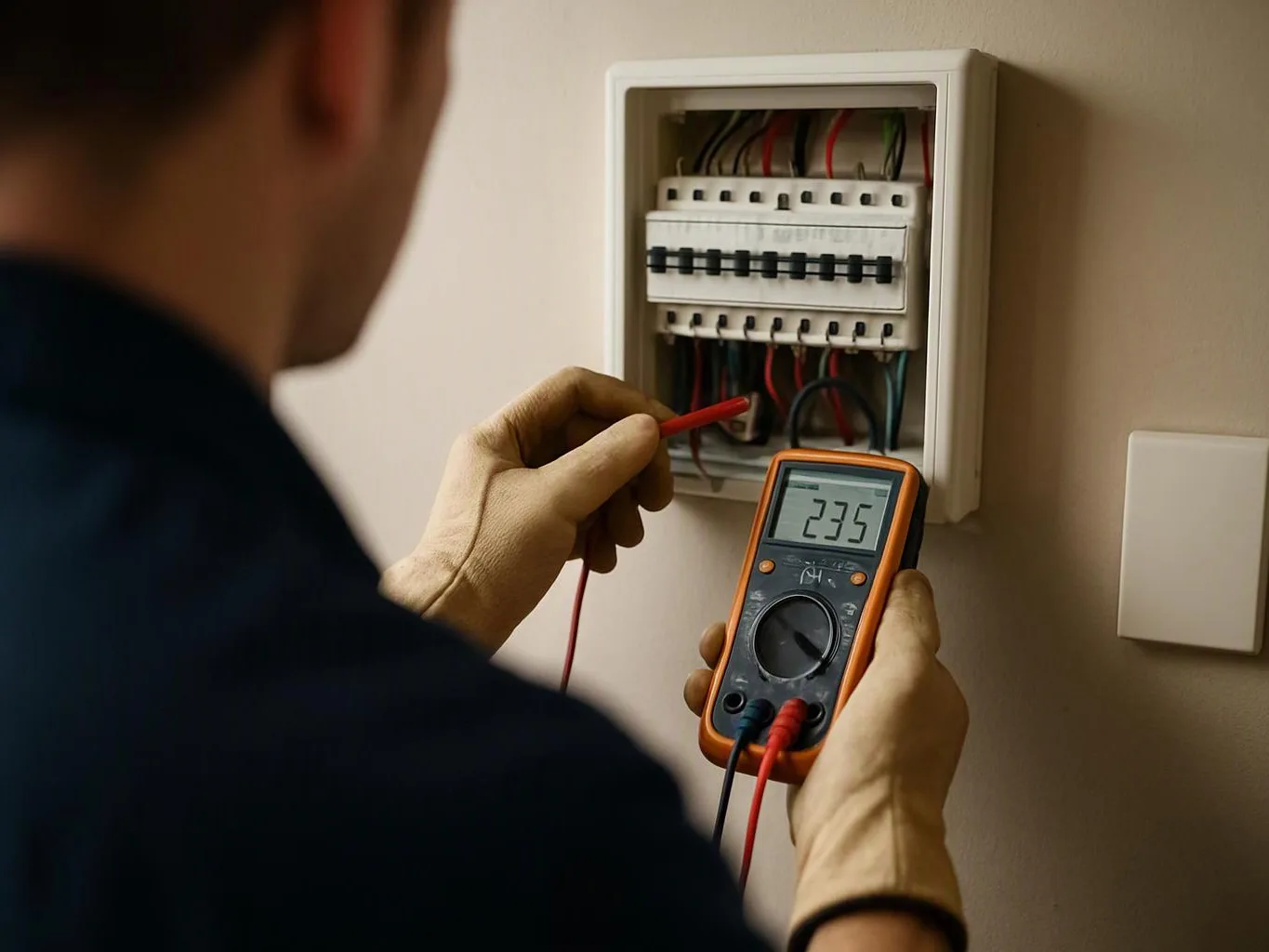 A person tests an open electrical panel with a multimeter, showing 235 on the display