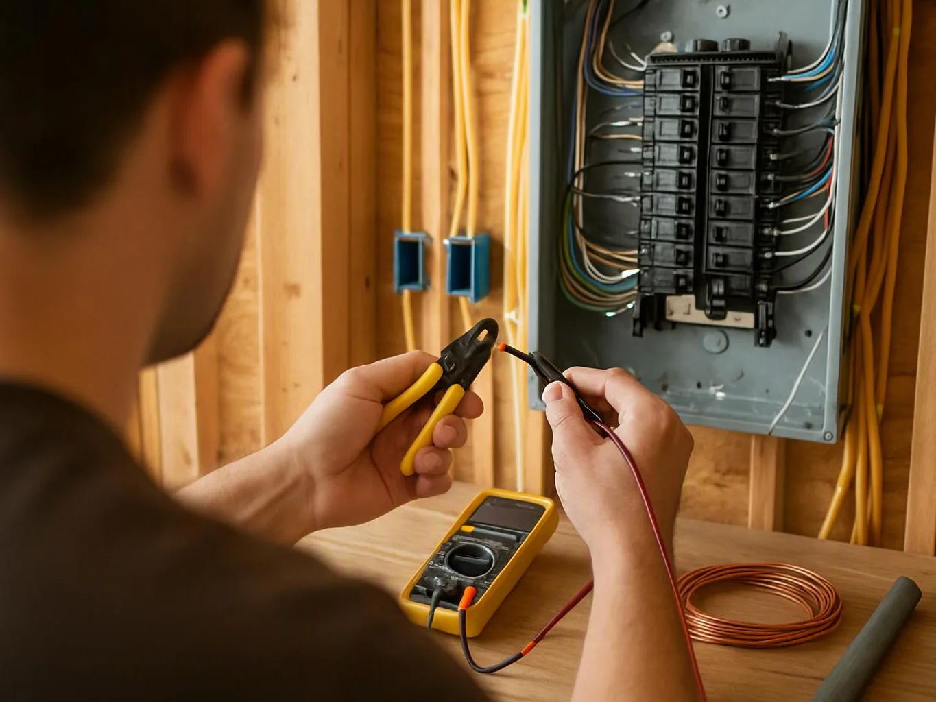 A person tests a wire with pliers beside an open breaker panel in a framed wall