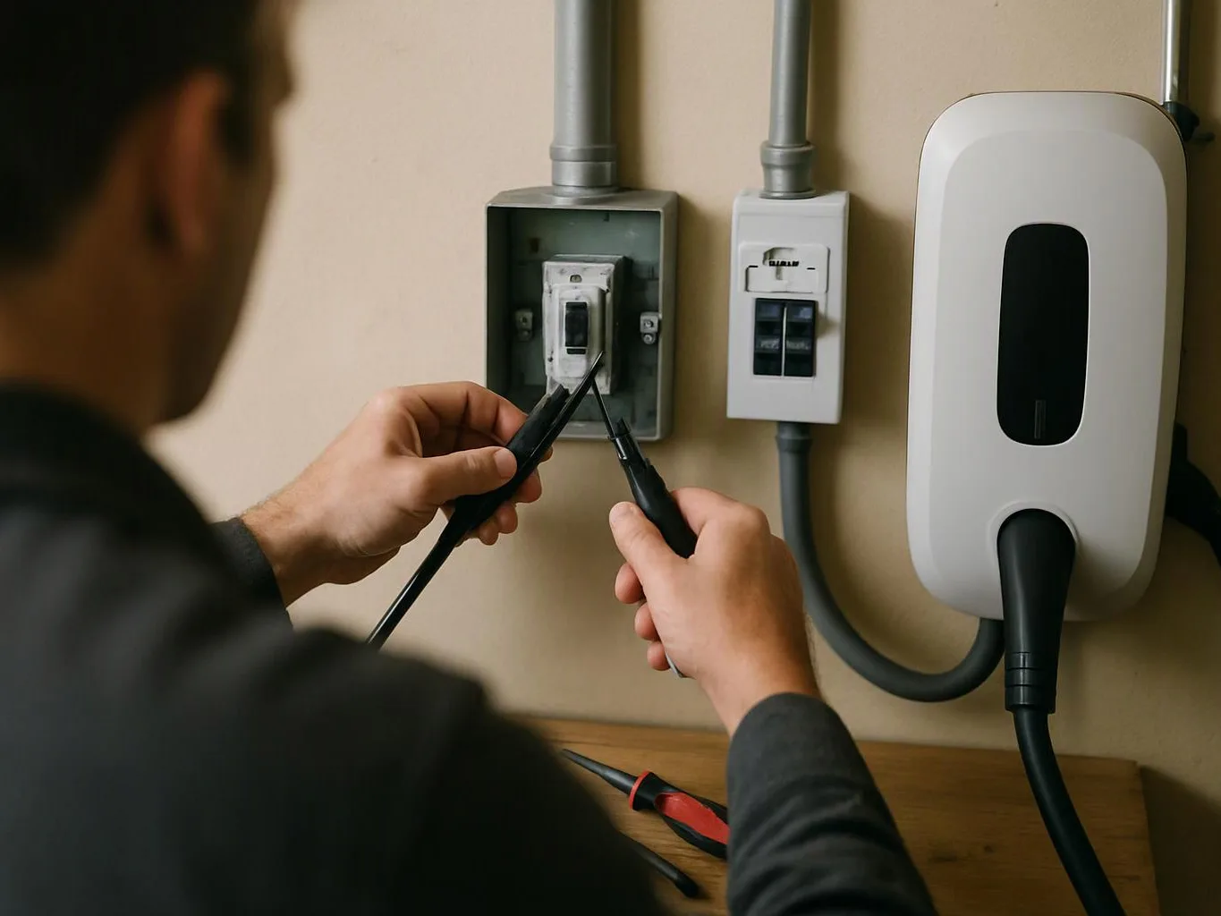 A person uses pliers to work on wall electrical panels beside a mounted charging unit