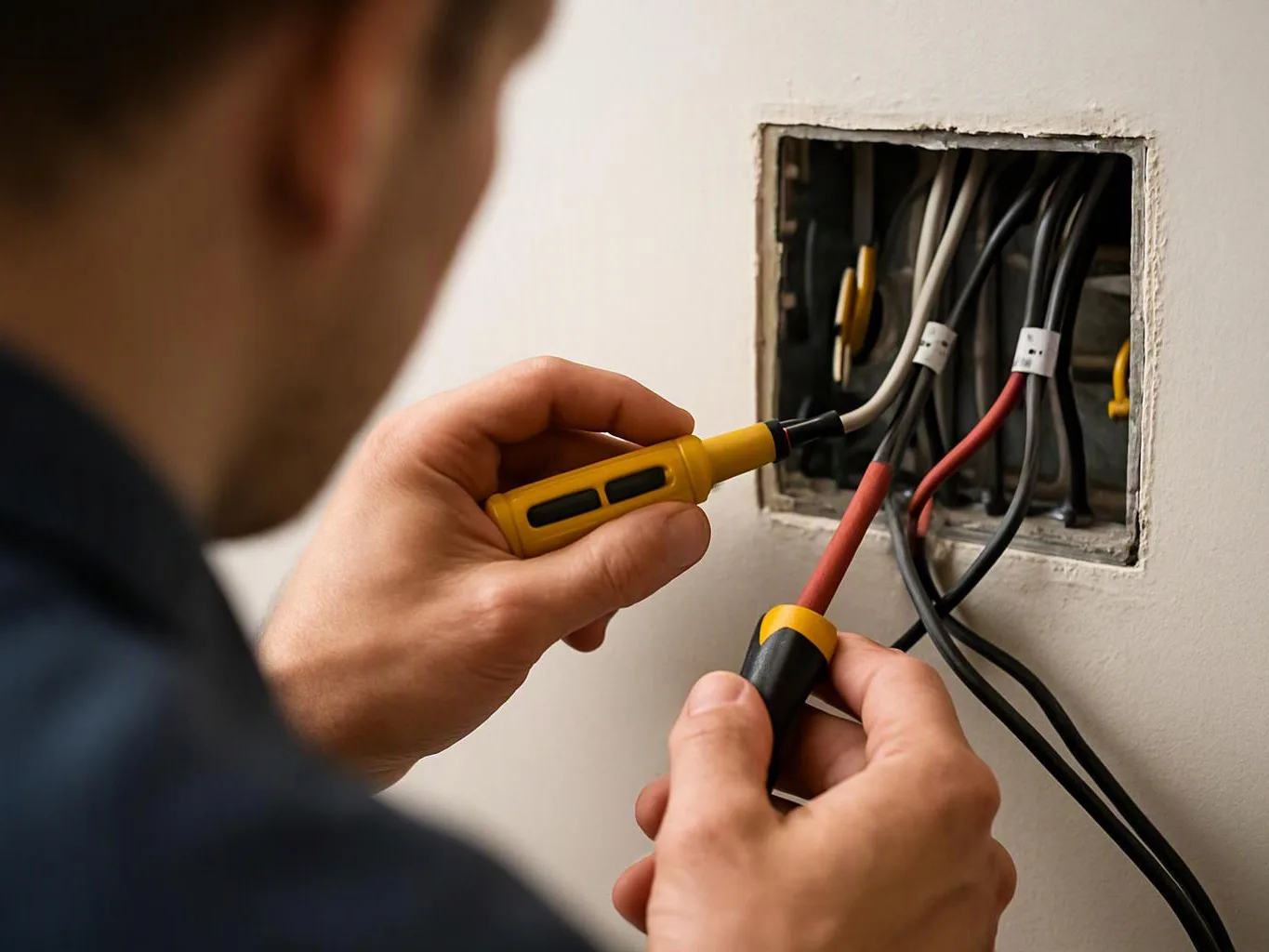 A person uses a voltage tester on exposed wires inside a wall opening