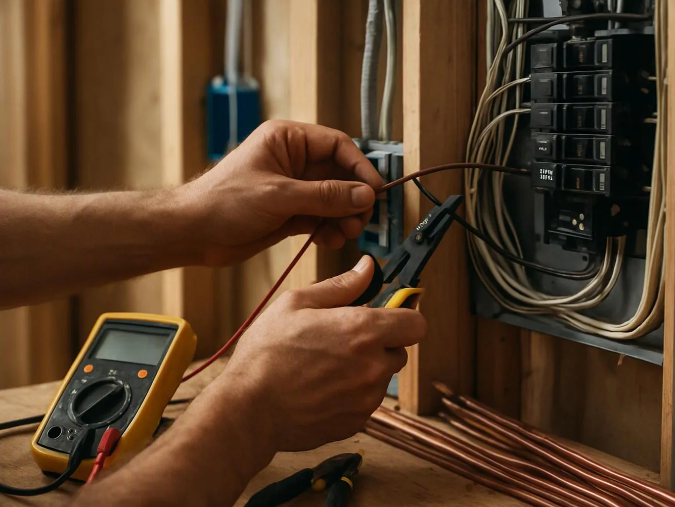 A person uses wire strippers and a multimeter to work inside an electrical breaker panel
