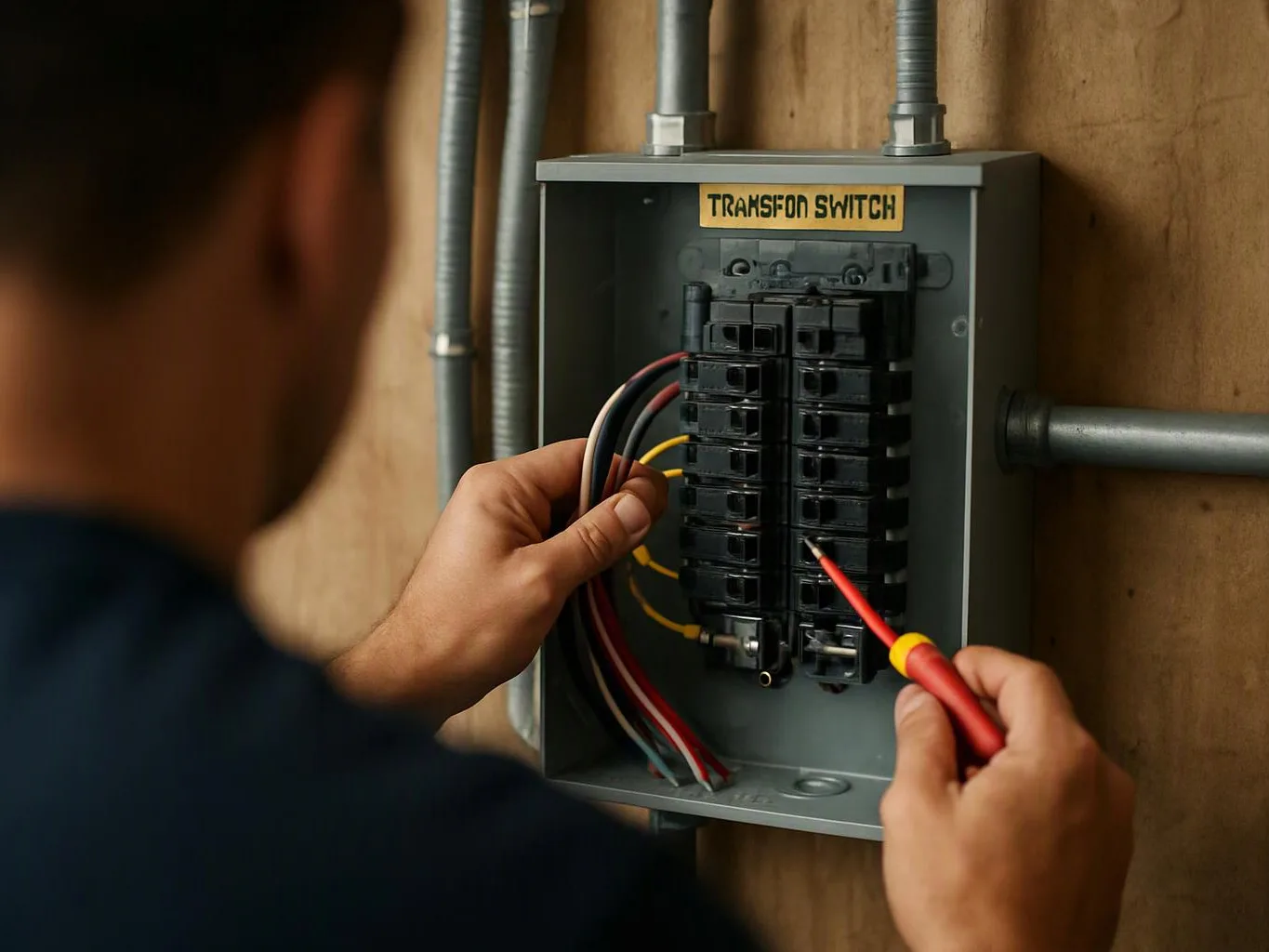 A person wires an open electrical breaker panel on a wooden wall, using a red screwdriver