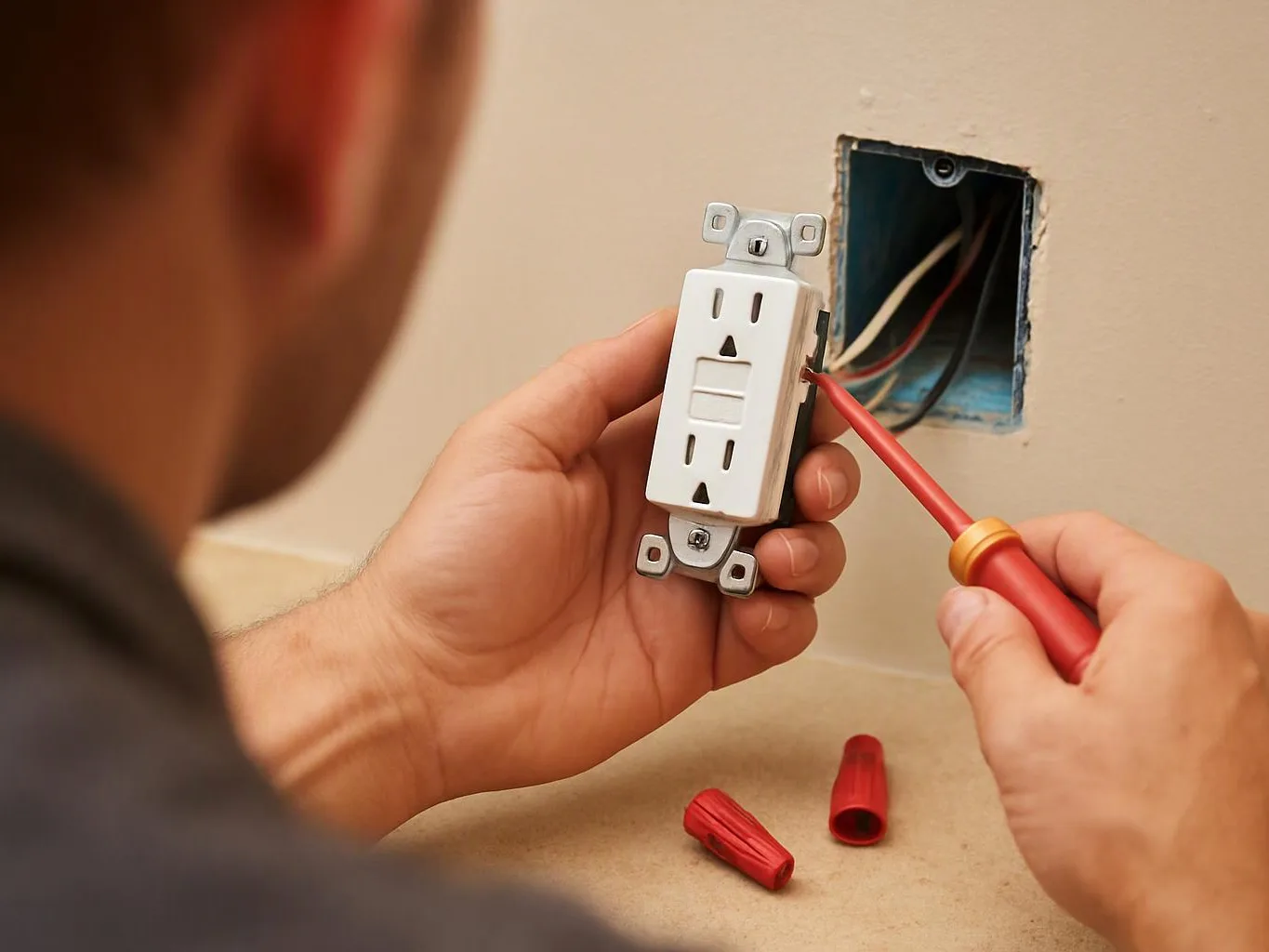 A person wires a wall outlet beside an open electrical box with a red screwdriver in hand