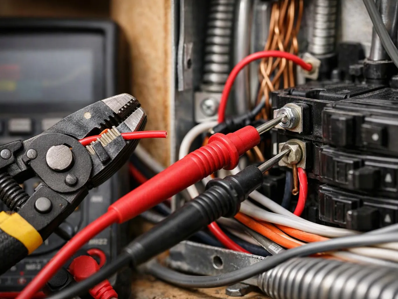 Pliers strip a red wire while test probes touch breaker terminals inside an electrical panel