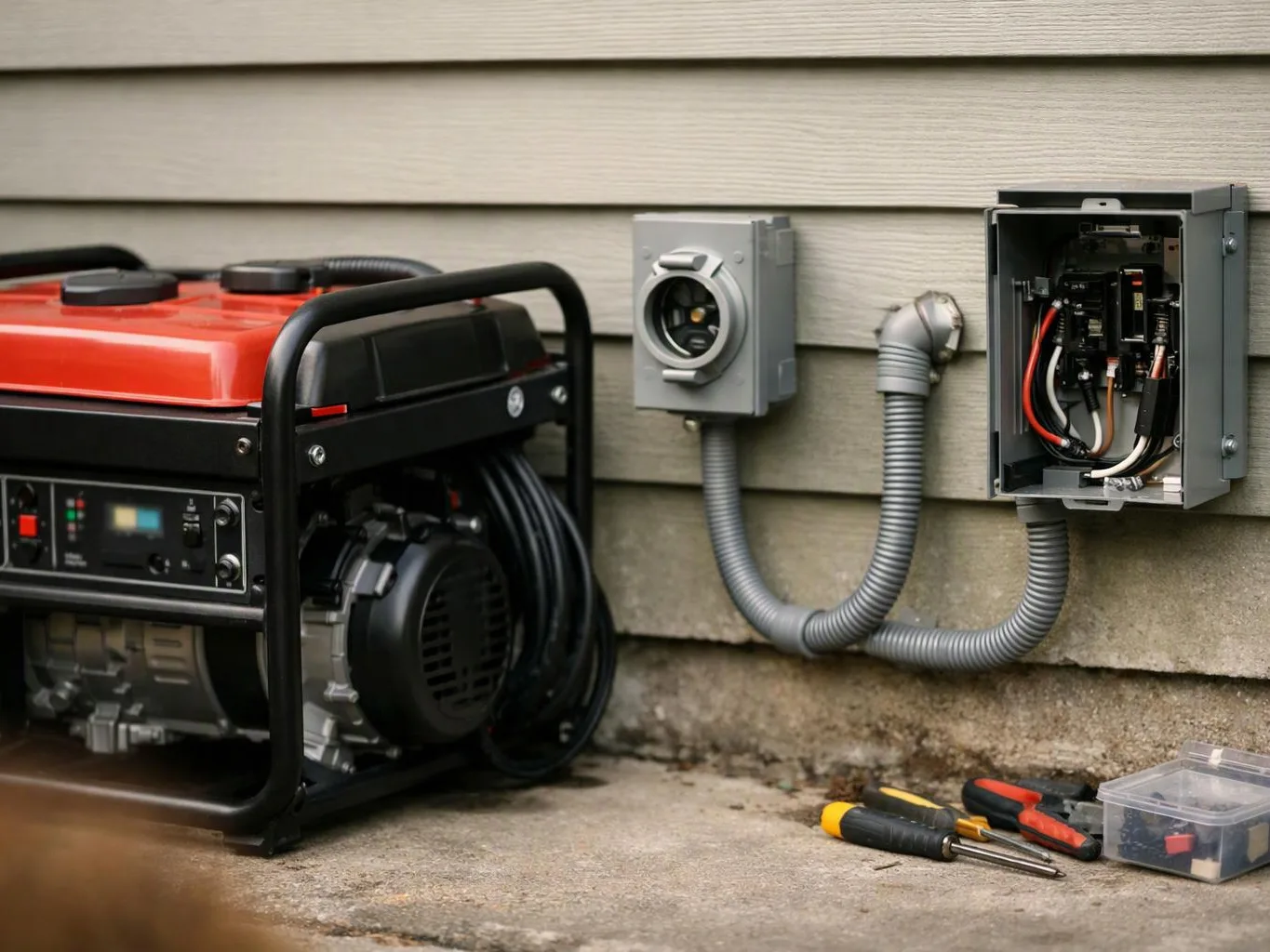 A portable generator sits beside an open electrical panel with cords, conduit, and hand tools on concrete outdoors