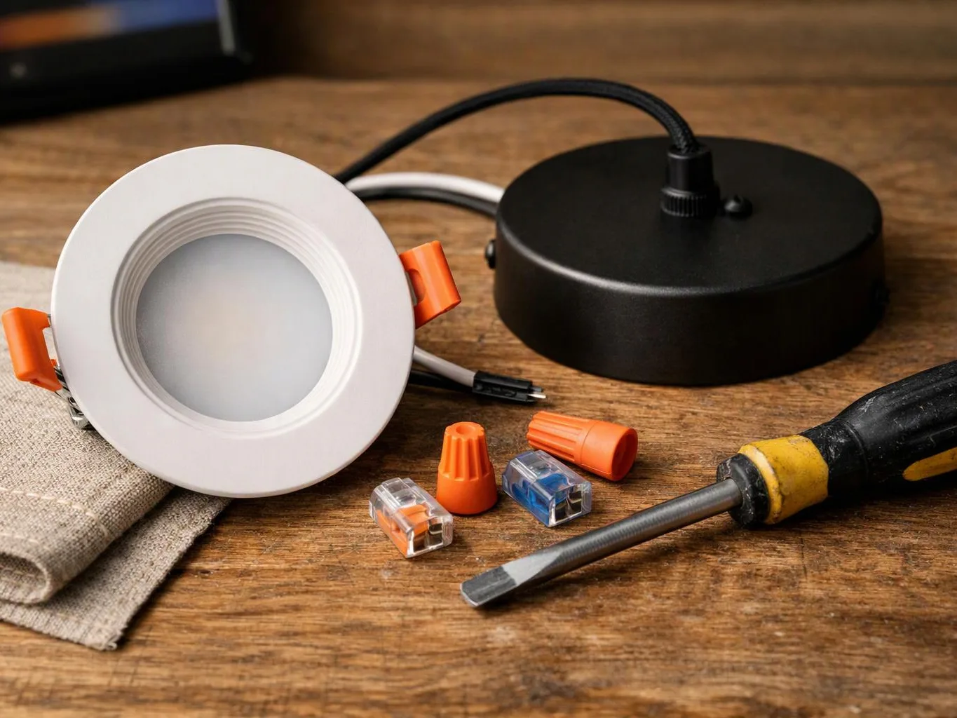 A recessed light fixture, wire connectors, and a screwdriver sit on a wooden workbench