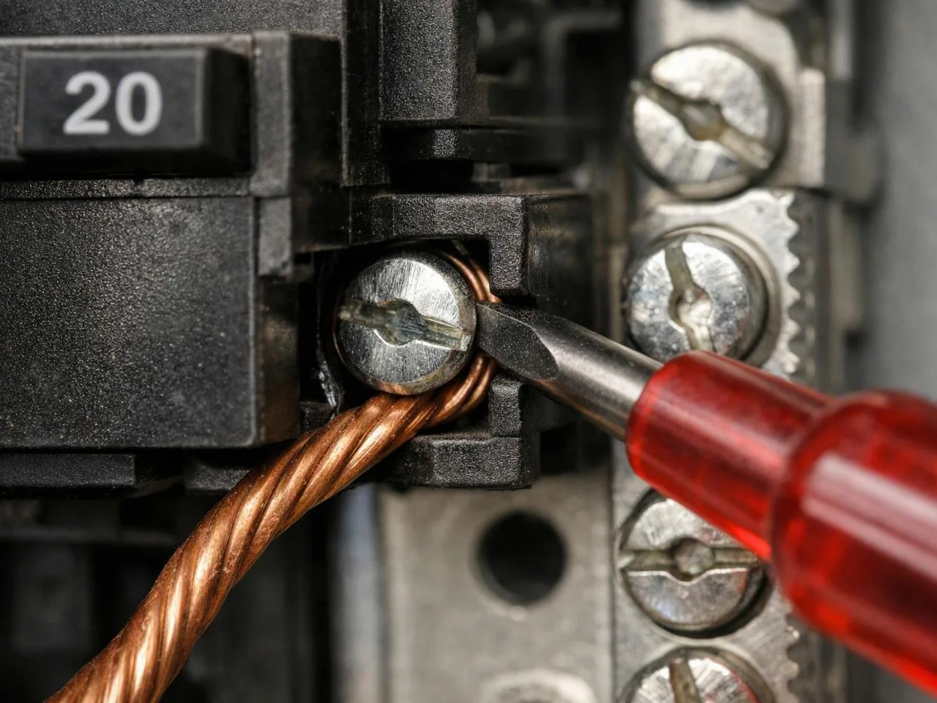 A red-handled screwdriver tightens a screw on a copper wire inside an electrical panel