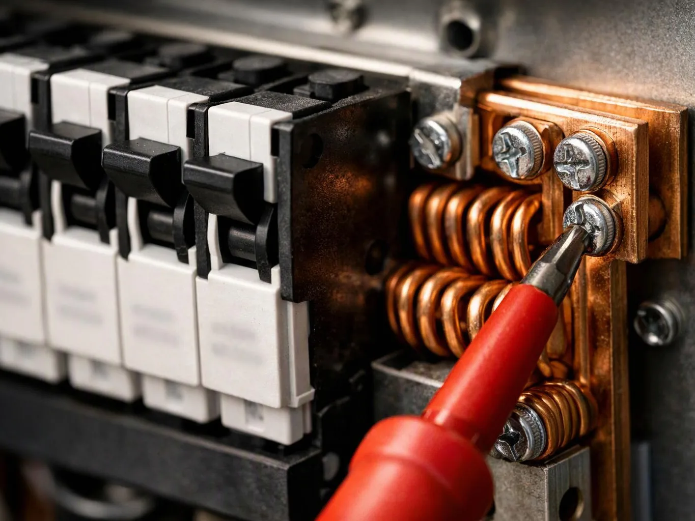 A red probe touches a screw inside an electrical breaker panel with copper coils and switches visible