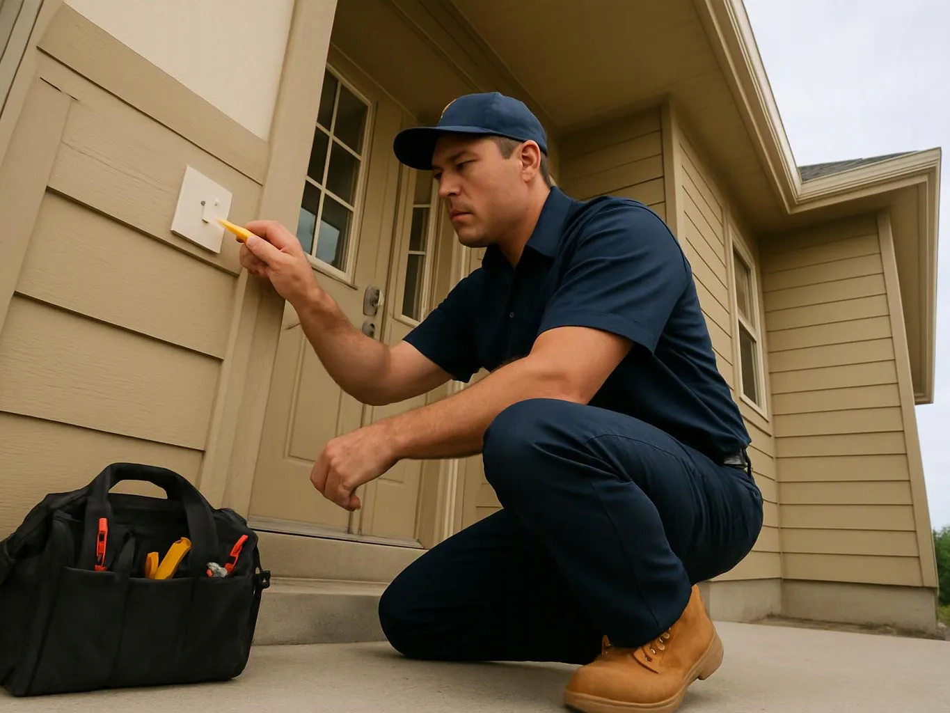 A repair worker kneels by a house door, using a pencil near a wall switch beside a tool bag