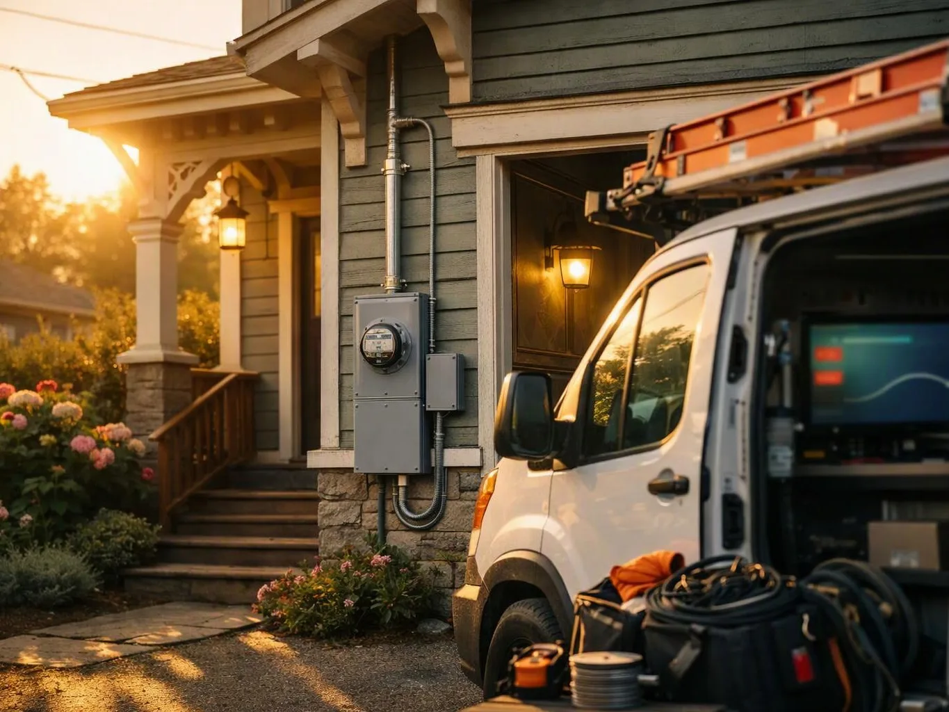 A service van sits beside a house at sunset, with tools and cables open in the back